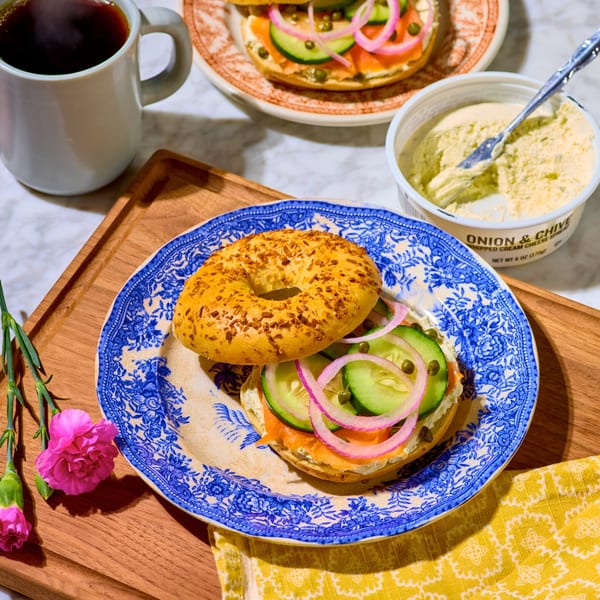 Manhattan Bagels' everything bagel with lox, cream cheese, cucumbers, red onions, and capers.
