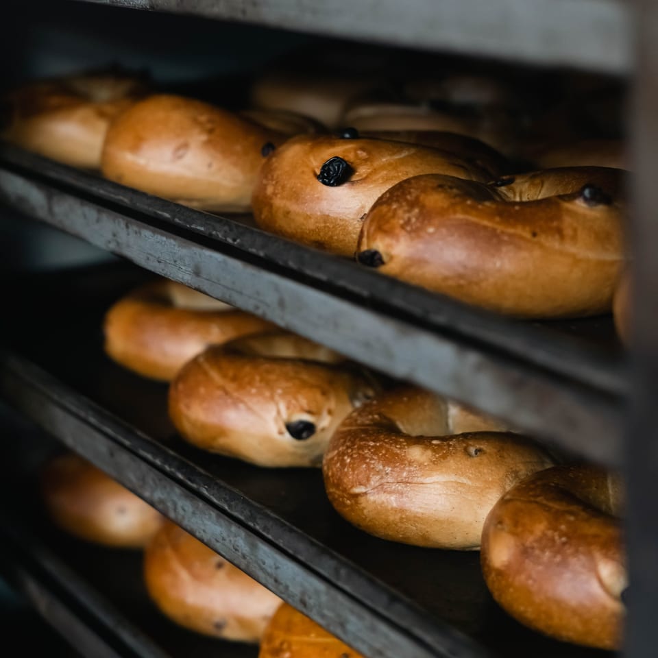 Freshly baked raisin bagels on metal racks, ready for customers at Manhattan Bagels.