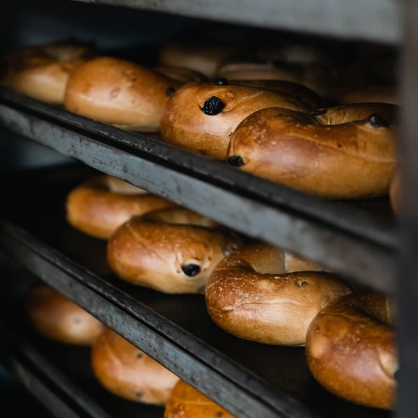 Freshly baked bagels, some with raisins, cooling on metal racks in a bakery.