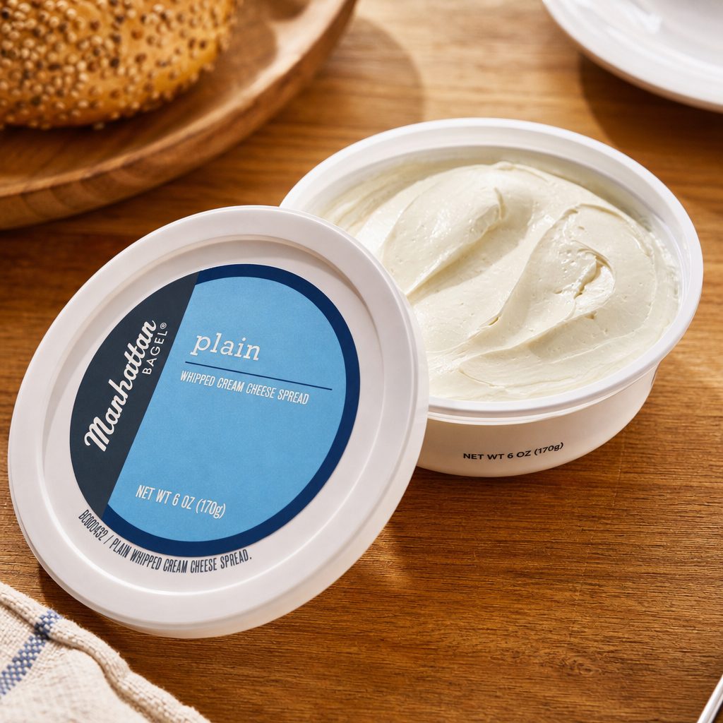 Tub of Manhattan Bagel plain cream cheese.